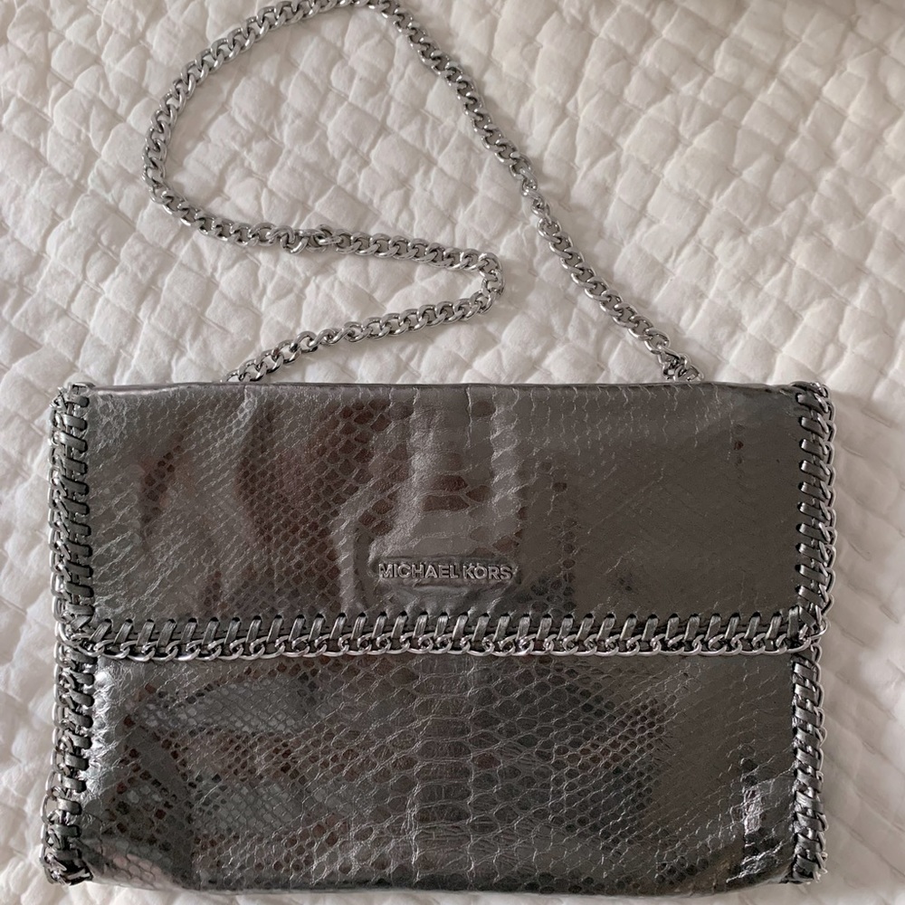 Michael Kors Metallic Silver Snakeskin Clutch with Chainlink Shoulder Strap